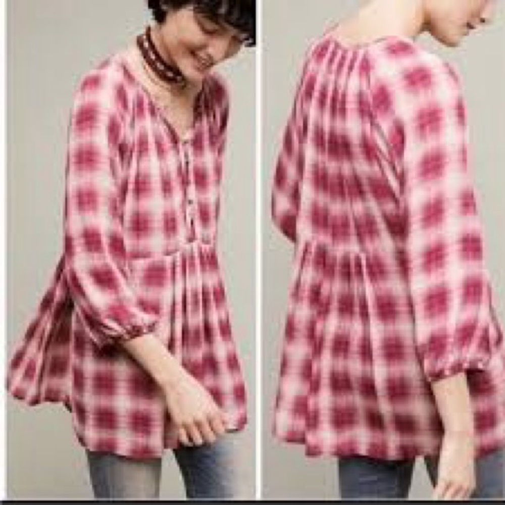 Anthropologie Maeve Cavalon peplum Plaid swing top Rayon Bohemian Hippie Chic S
